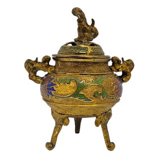 Mid-Century Japanese Champlevé Enamel Tripod Censer With Guardian Lion Finial For Sale
