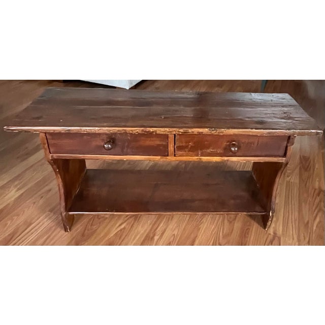 Brown Rustic Antique Farmhouse Pine Bench With Drawers For Sale - Image 8 of 11
