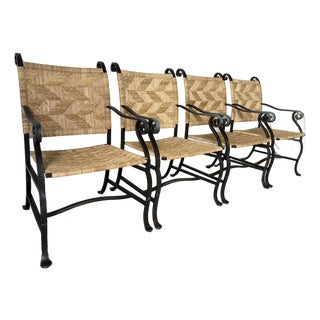 Organic Modern Hand-Wrought Iron & Woven Raffia Armchairs – Set of 4 For Sale