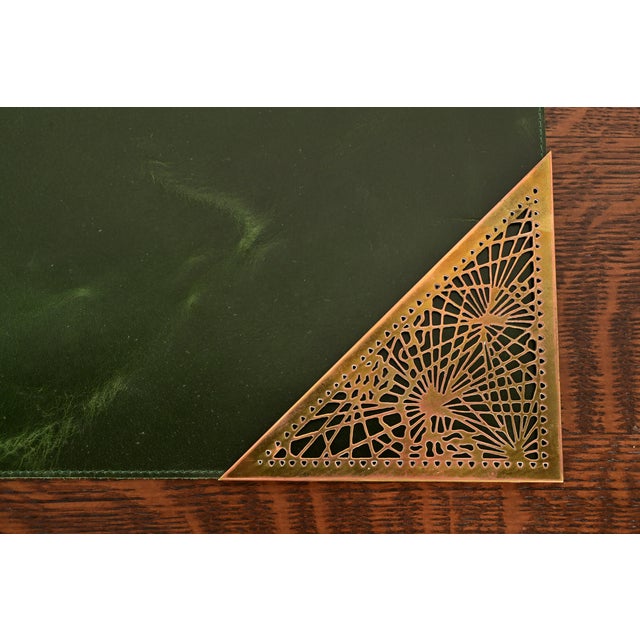 Metal Tiffany Studios New York Pine Needle Bronze Blotter Corners With Leather Desk Blotter For Sale - Image 7 of 12