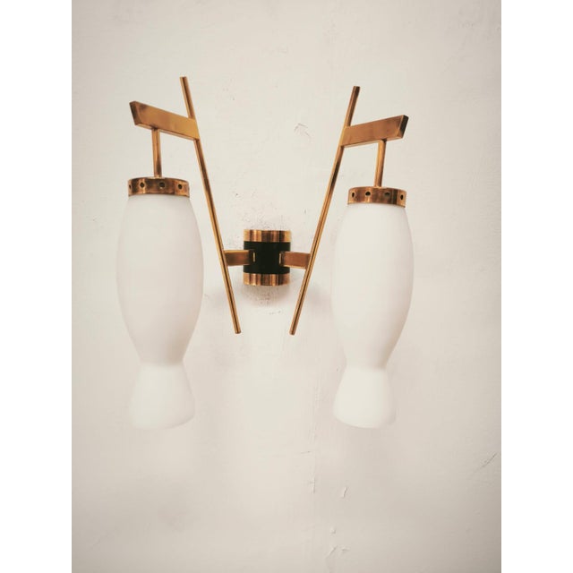 Brass Wall Lamp with Double Opal Glass Light, 1960s For Sale - Image 6 of 14