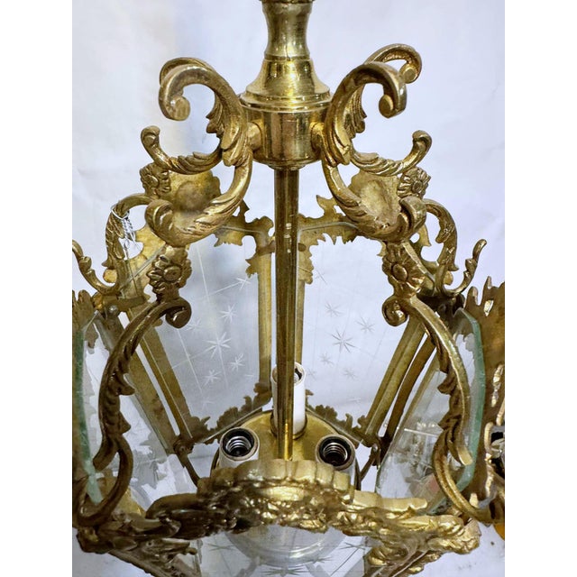 1930s Vintage Bronze Lantern With Etched Glass Panels For Sale In New York - Image 6 of 8