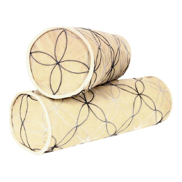 Hand Embroidered Linen Lattice Schumacher Bolster Pillow - a Pair For Sale