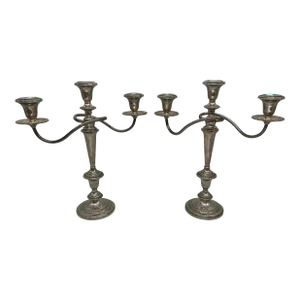Mid-20th Century Pair of Weighted Sterling Convertible Three Light Candelabra