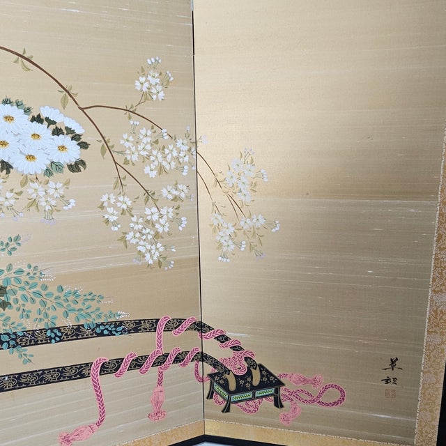 Japanese Showa Byobu Screen Divider "Flower Cart" Four Panel Japan 71"l For Sale In San Francisco - Image 6 of 10