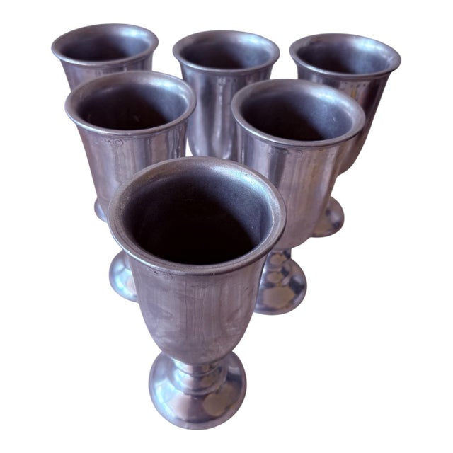 Vintage American Is Century Modern Pewter-Tone Sunburst Medallion Water Goblets – Set of 6 For Sale - Image 4 of 9