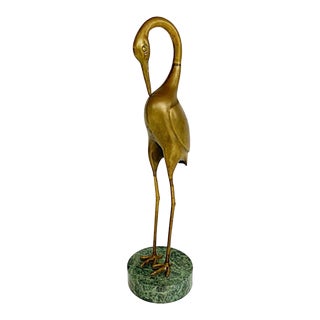 1970s Hollywood Regency Bronze Crane Sculpture on Green Marble Base For Sale