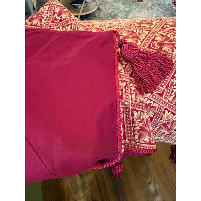 Brocade Mantle Scarf. Gold Woven Medallion Motif. Seed Pearls Added.tassel Trim on Pointed Ends. Machine Woven 7’ For Sale - Image 4 of 4