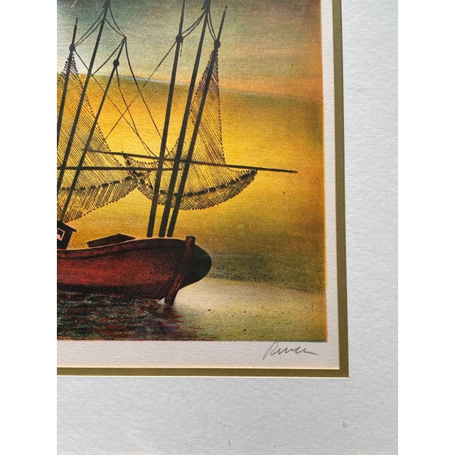 Signed and numbered lithograph print of a sea scene with boat. Framed with plexiglass. Nostalgic vintage art.