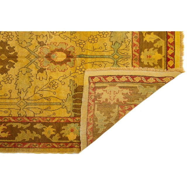 1950s Goldenrod Oushak Handmade Wool Rug With Floral Design For Sale - Image 4 of 10
