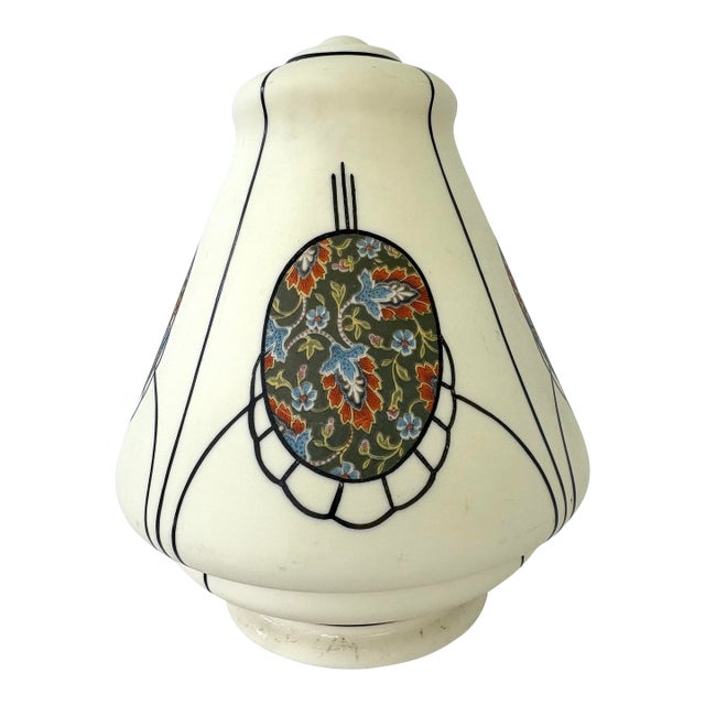 1930s Art Nouveau Style Painted Glass Lamp Shade With Floral Medallions For Sale