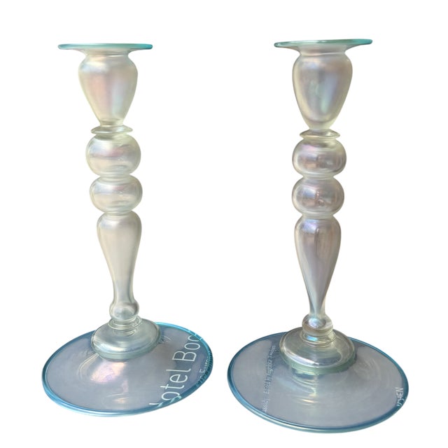Steuben Glass Pair of Steuben Glass Verre De Soie Candlestick Aquamarine Blue Trim For Sale - Image 4 of 5