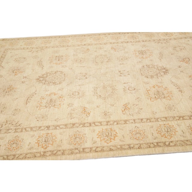 Textile Beige Modern Oushak Handmade Floral Designed Wool Rug For Sale - Image 7 of 11