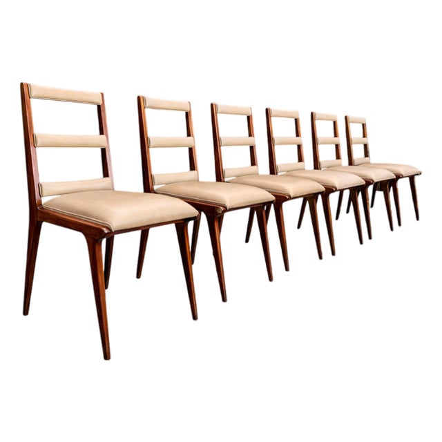 Set of Six Chairs in Hardwood & Beige Leather, Unknown, 1950s For Sale