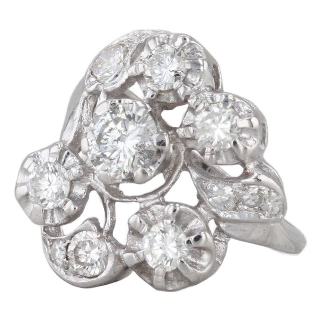Vintage 1.41ctw Diamond Cluster Ring 14k White Gold Heart Accents Size 5.5 For Sale