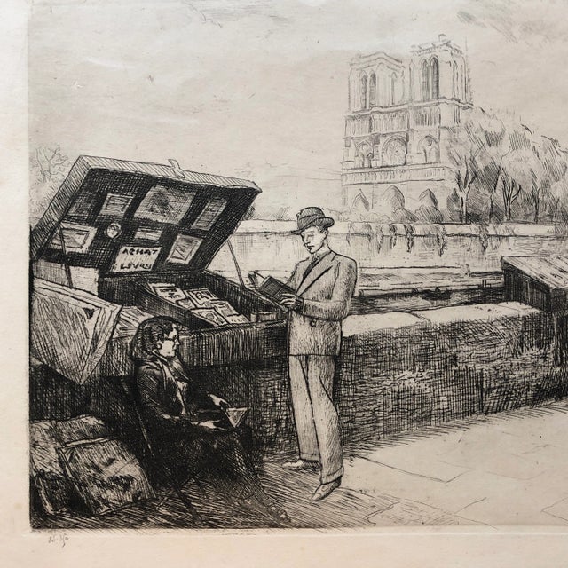 Vintage Original Etching Paris Notre Dame Market Scene by Pepito For Sale - Image 4 of 7