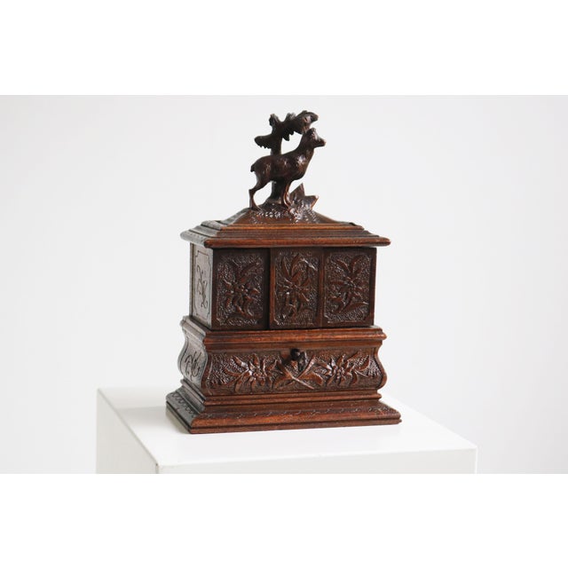 Antique Black Forest Jewelry Box in Carved Fruitwood and Red Velvet Chest, 1890 For Sale - Image 6 of 11
