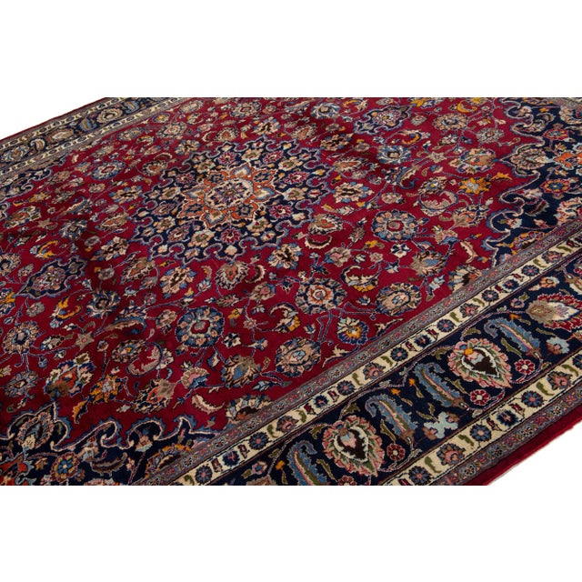 1960s Vintage Mashad Persian Wool Rug in Red With Rossette Motif For Sale - Image 5 of 8