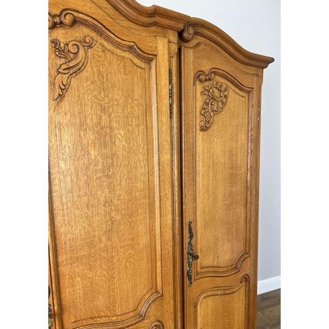 Vintage Louis XVI French Oak Four Door Carved Armoire For Sale - Image 6 of 11