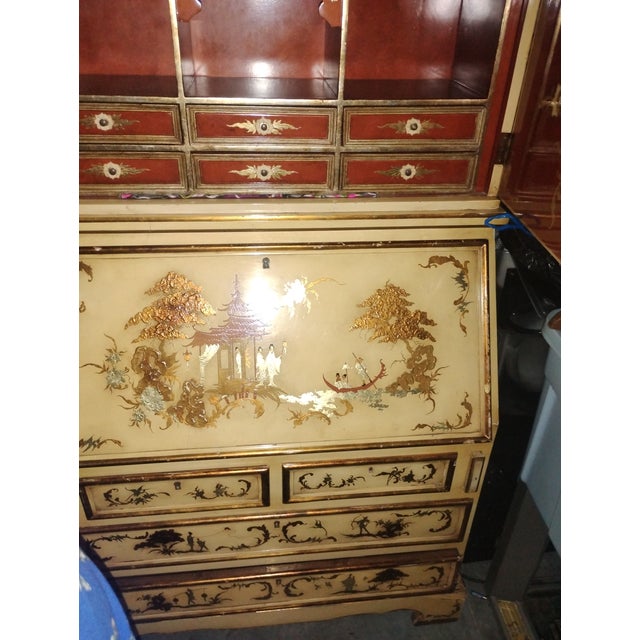 Vintage Mid-Century Spanish Chinoiserie Secretary Desk - Hand-Painted 2-Piece Cabinet For Sale - Image 10 of 17