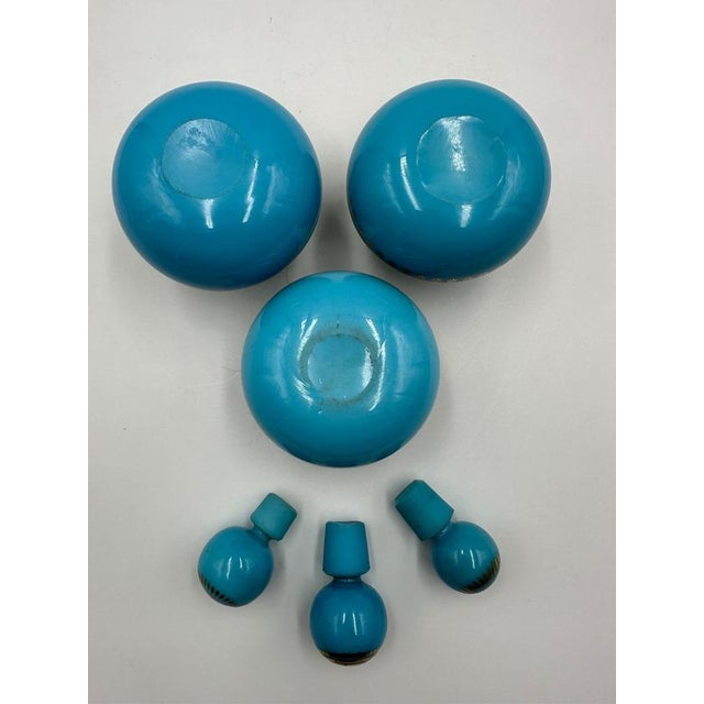 Turquoise Blue Opaline Bottles with Painted Golden Flowers Decoration, 1890s, Set of 3 For Sale - Image 7 of 11