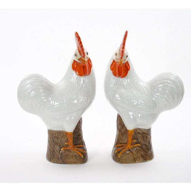 Large Pair of 1930's Chinese Porcelain Rooster Figures / Polychrome Decoration For Sale - Image 11 of 11