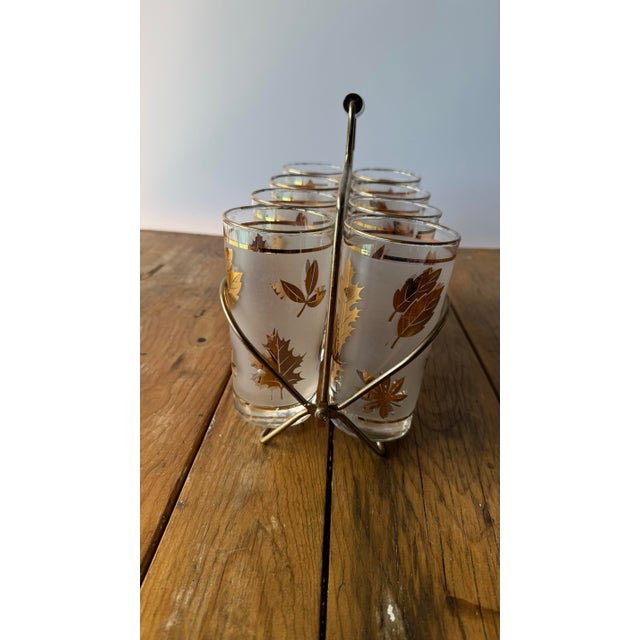 Mid-Century Modern Libby “Golden Foliage”Frosted Highball Glasses and Caddy Set of 8 For Sale - Image 9 of 11