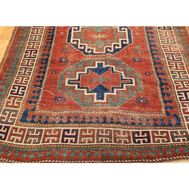 Antique Caucasian Kazak Rug, Handwoven Wool, Geometric Medallion Design, Red & Ivory, 5' x 7' For Sale - Image 12 of 17