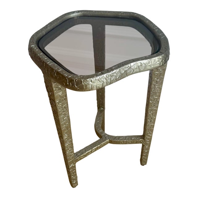 Vintage Caracole Modern "Contour" Sculptural Textured Metal & Tinted Glass Side / Drinks Table - Neiman Marcus For Sale