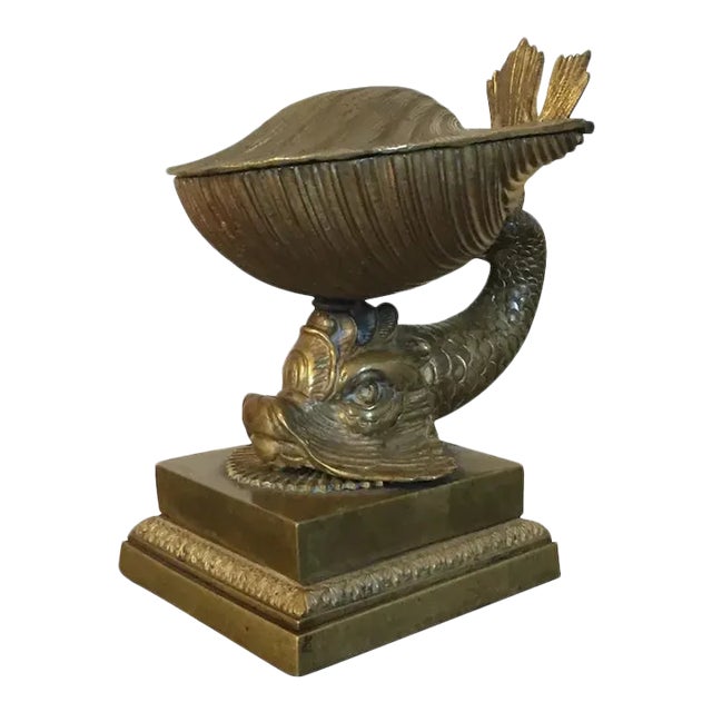 Antique 19th Century French Empire Gilt Bronze Dolphin & Sea Shell Inkwell For Sale