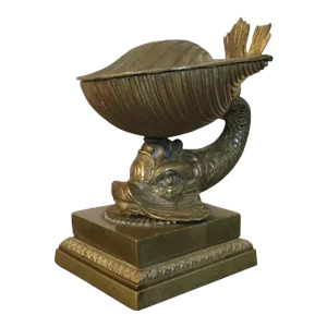 Antique 19th Century French Empire Gilt Bronze Dolphin & Sea Shell Inkwell