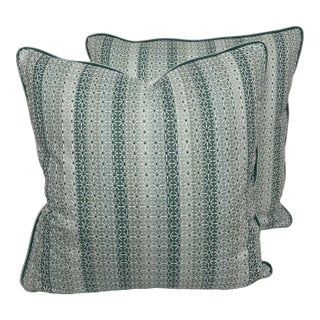 Embroidered Seafoam Stripe With Flowers Pillows - Pair For Sale