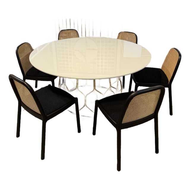 Cb2 Brass Circuit Round Dining Table With 6 Nadia Black Cane Chairs For Sale