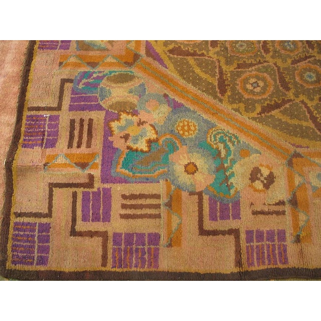 Art Deco 1920s Brown Floral Medallion Antique French Art Deco Rug 8' 10" X 13' 3" Handknotted Wool Carpet For Sale - Image 3 of 7