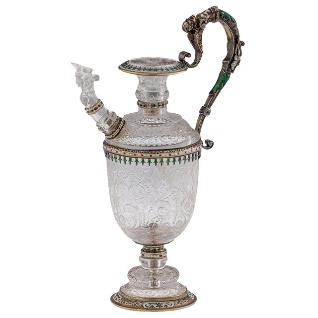 Antique 19th Century Austrian Silver, Enamel & Rock Crystal Ewer by Rudolf Linke, 1890s For Sale