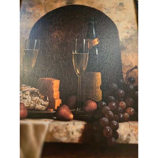 Pair, Loren Speck, Vintage Italian-Style Framed Still-Life Art Prints Titled Wine Bottle & a Date to Remember For Sale - Image 4 of 13