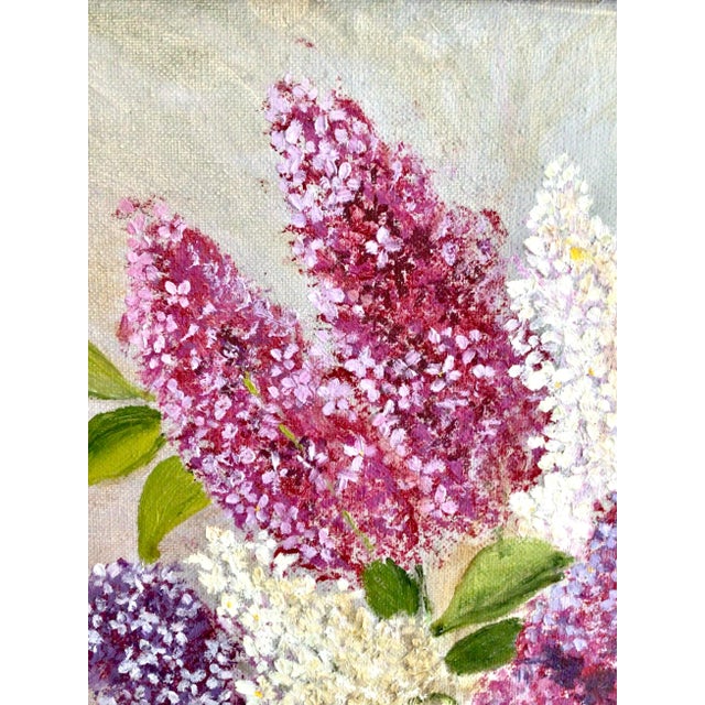Vintage Original Oil Painting “Lilacs in Vase” in Wood Frame For Sale - Image 4 of 13