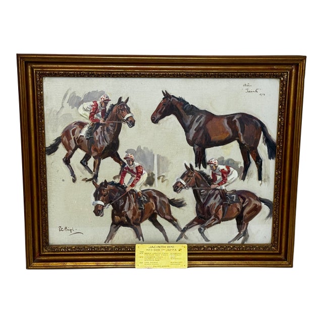 Oil Sporting Portrait of Lady Butt’s Horse Racing Champion Filly Jacinth of Brook Stud, Cheveley C1973 Framed by Peter Biegel For Sale