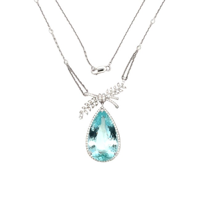 Platinum Necklace With 48.67-Carat Pear-Cut Aquamarine & Diamonds For Sale - Image 9 of 18