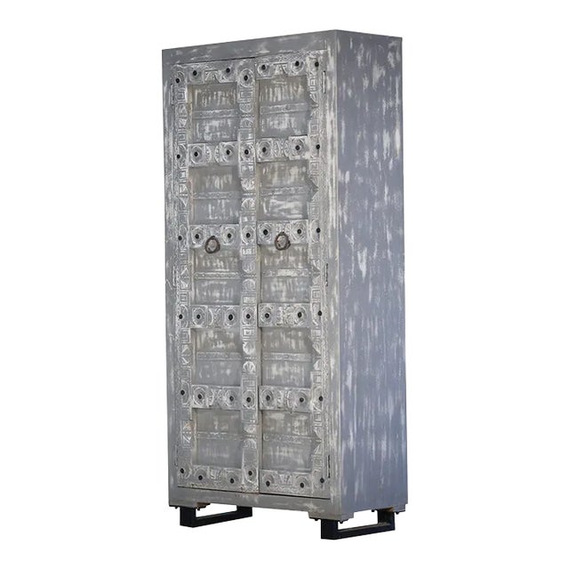 Eclectic Carved Frame Solid Wood Armoire With 2 Doors | Boho Chic Closet | Unique Display Cabinet | Farmhouse Style Tall Armoire For Sale