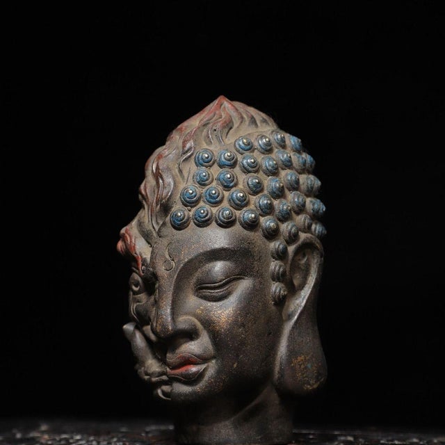 Bronze Vintage Bronze Two-Faced Head Sculpture Buddhist Deity Altar Bust 5.9" For Sale - Image 8 of 9