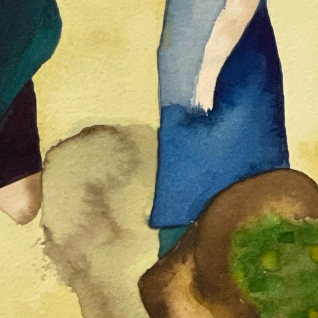 Paper 1970s Signed M. Hinea Coastal Village Market Original Watercolor Painting. For Sale - Image 7 of 10