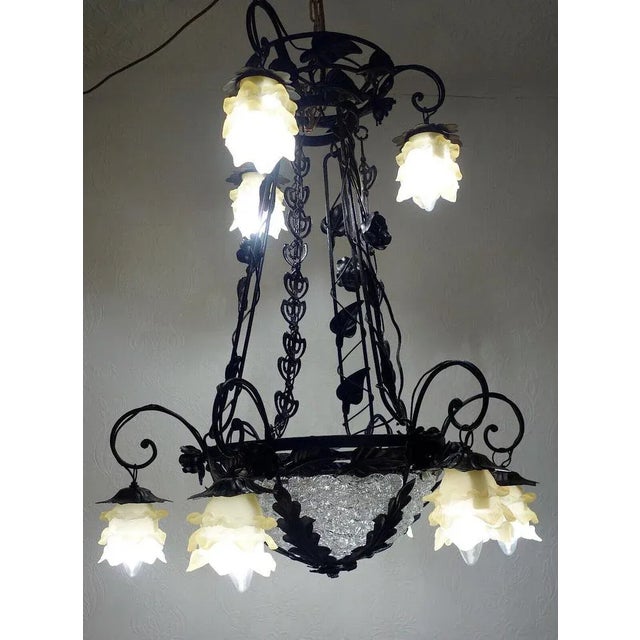 Baroque Antique French Black Patinated Metal and Glass Chandelier, 1940s For Sale - Image 3 of 5