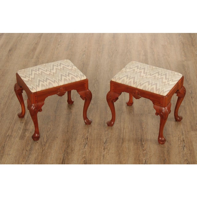 High Quality Vintage Pair of Custom Upholstered Bench Made Solid Walnut Stools or Ottomans with Carved Shell Accents