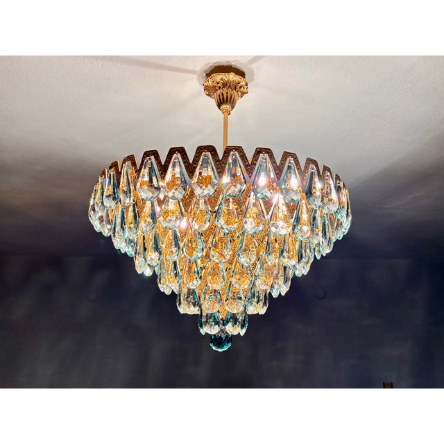 1960s 1960s Luxury Mid-Century Style Natural High-Gleam Solid Brass & Ice-Blue Turquoise Crystal 6-Light Flush Mount Chandelier For Sale - Image 5 of 9