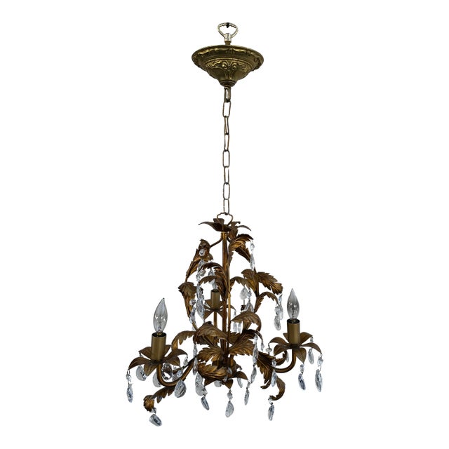 Vintage Petite Hollywood Regency Three Arm Fixture With Prisms For Sale