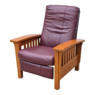 2002 BarcaLounger Mission Arts & Crafts Style Leather and Oak Manual Recliner Arm Chair For Sale