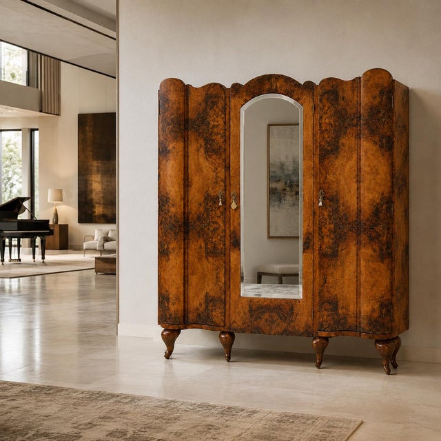 Tan Italian Baroque Revival Walnut and Burl Walnut Wardrobe from Palazzi dell’Arte Cantù, 1940s For Sale - Image 8 of 10