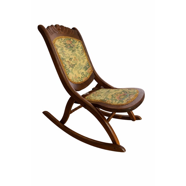 Antique Wooden Folding Rocking Chair with Floral Upholstery, 1920s, in Very Good conditions. Designed 1920 to 1949