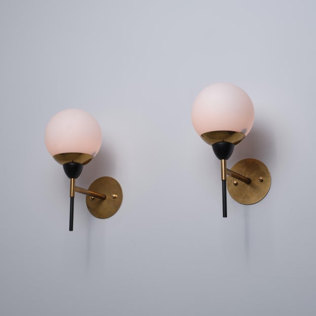 Black Vintage Italian Wall Sconces in Brass with Black Metal and Opaline Glass, 1950s, Set of 2 For Sale - Image 8 of 10